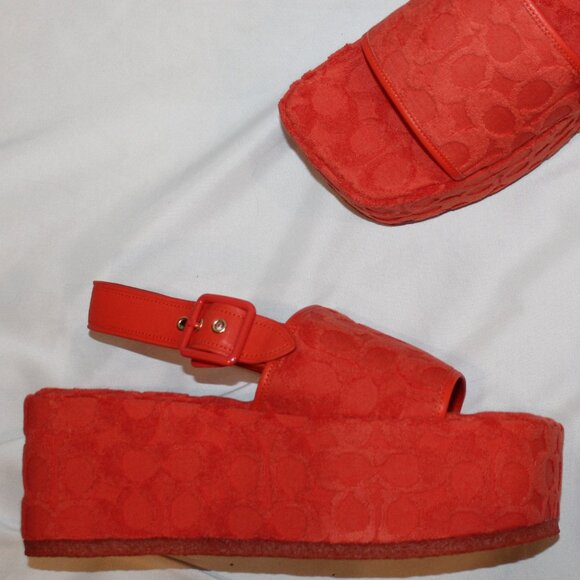 NEQ WOMEN'S Coach Noelle Signature Logo Print Platform Sandals RED ORANGE‎ - Picture 8 of 8